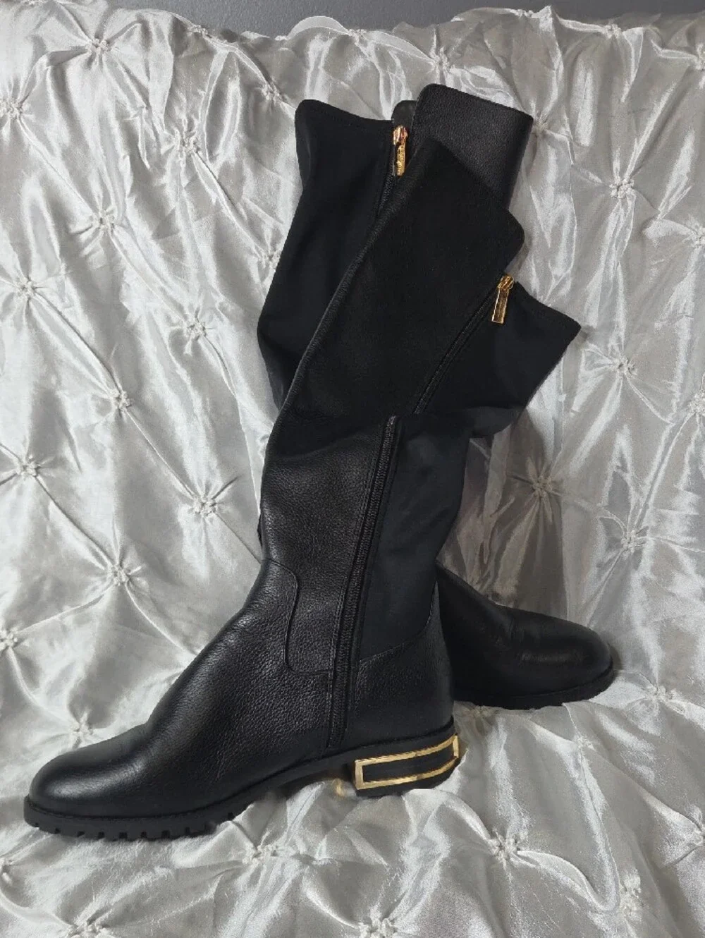 Michael Kors Black Over-the-Knee Leather Boots with Gold Heel Accent